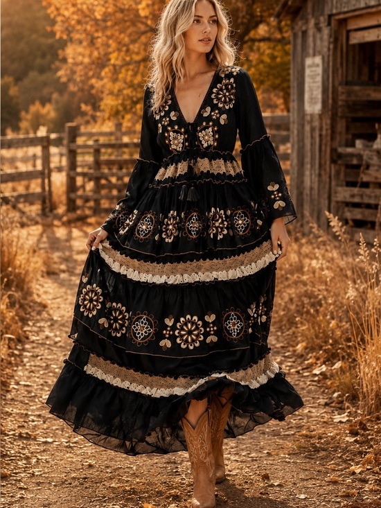 Dresses & Skirts - 98. Boho Embroidered Black Maxi Dress with Gold Accents